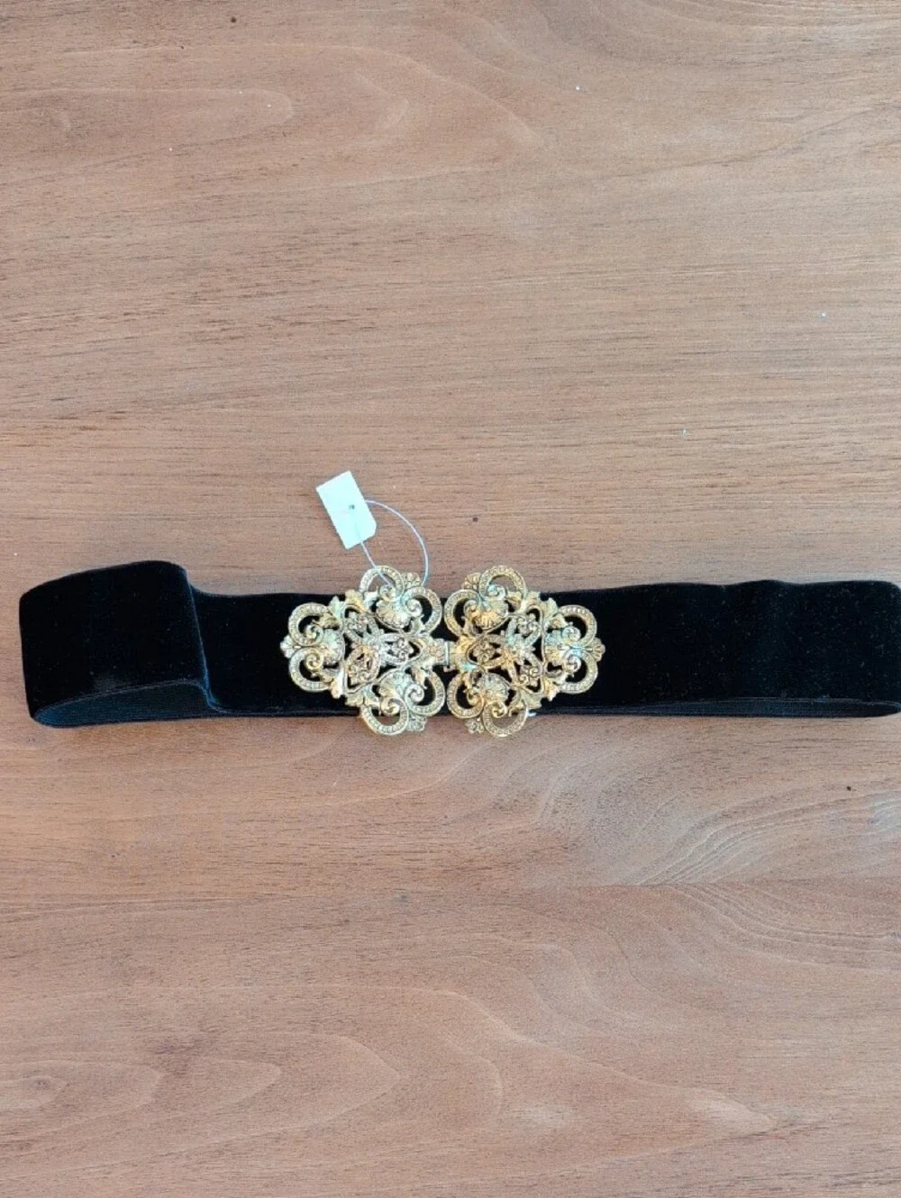Vintage 1960s, Gold Filigree Statement Buckle Belt - Black Velvet Elastic